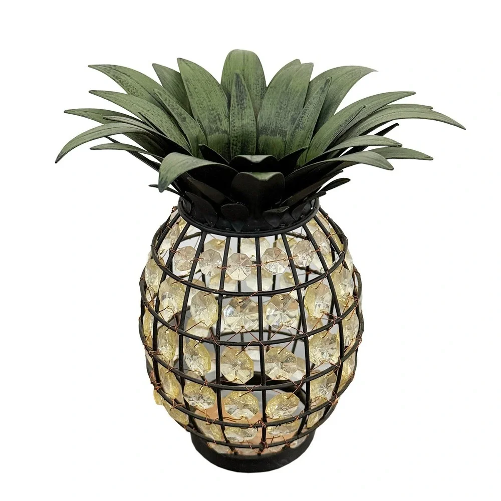 Pineapple Tea Light Black Metal Clear Yellow Beads Wire Wrapped 8.75
